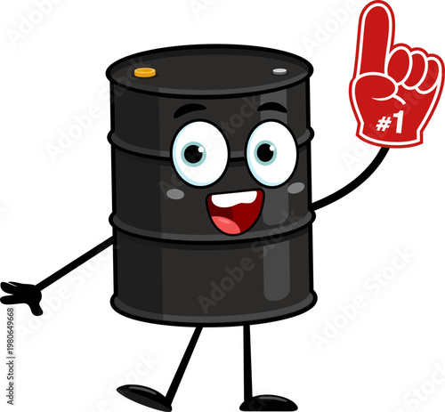 Happy Oil Barrel Cartoon Character Holding Number One Foam Finger – Vector Illustration Flat Design Isolated On Transparent Background