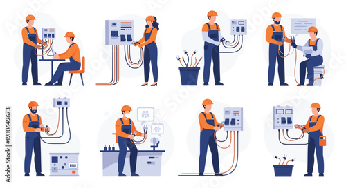 Professional electricians working with power panels and cables in different scenarios to maintain electrical systems and ensure safety.