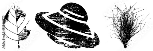 Black and white textured vector of leaf, flying saucer, grass tuft distressed, grungy style, isolated elements, graphic design assets.