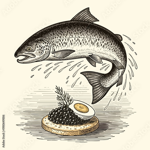 Healthy Freshwater Fish Leaping Over a Nature Inspired Seafood Dish Illustration