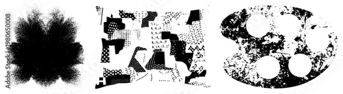 Fragmented halftone design with geometric fragments, stippled textures, bold contrast, vector art, graphic, isolated shapes, stylized composition.