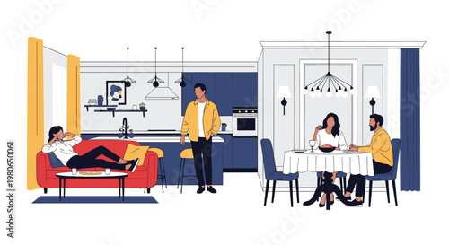 Modern open plan apartment featuring a living area and dining room where people are relaxing and sharing a meal together.