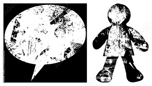 Distressed black and white speech bubble with fragmented texture, stylized humanoid silhouette with grunge effects, vector graphic for communication or character design.