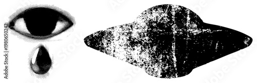 Retro halftone eye shedding tear, alien saucer UFO, sci fi vector art, isolated elements, stylized cosmic.