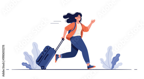 Happy young woman with a backpack running quickly while pulling a blue suitcase as she travels to her next destination.