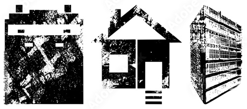 Black and white halftone graphic mining equipment, house symbol, server rack. Vector style with grainy texture, isolated foreground elements.