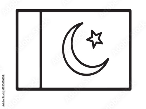 Pakistan flag minimal outline design with crescent and star black and white layout