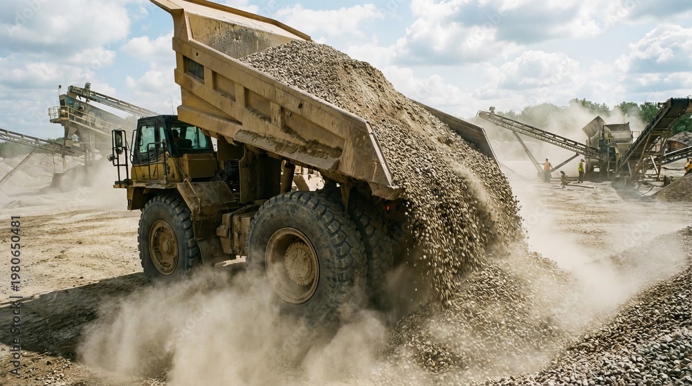 Obraz premium Heavy Dump Truck Discharging Gravel at Quarry Site Amidst Dust
