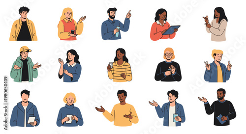 Diverse group of individuals shown from the chest up displaying various emotions and using modern gadgets like smartphones.