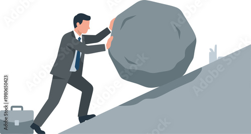 Businessman pushing large boulder uphill with briefcase on ground beside him