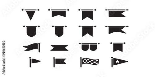 Minimal pennant flag icons set with simple banner shapes clean black style ideal for branding decoration web banners apps interfaces and modern graphic layouts