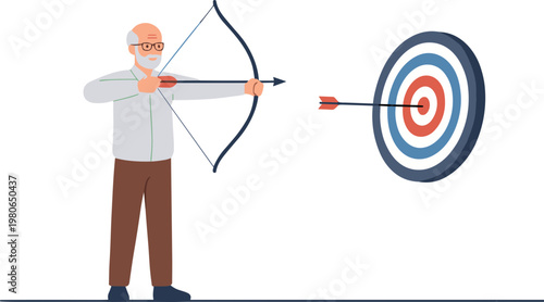 Man aiming bow and arrow at target in outdoor range environment