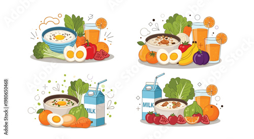 Selection of healthy breakfast options featuring bowls of porridge, fresh fruits, vegetables, and glasses of orange juice or milk.