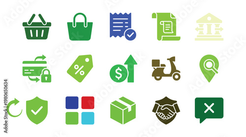 Collection of ecommerce and business icons in various green and brown hues