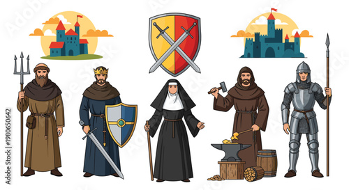 Medieval character set featuring a monk, king, nun, blacksmith, and a knight in full armor with their respective tools and symbols.