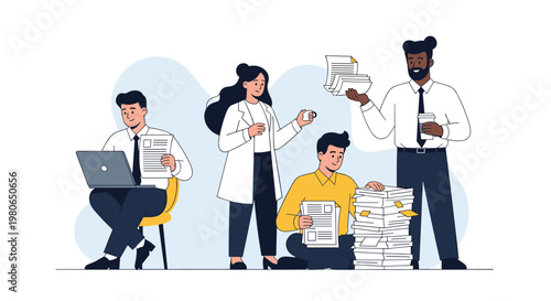 Group of office employees feeling overwhelmed by a large amount of paperwork and documents while working at their desks.