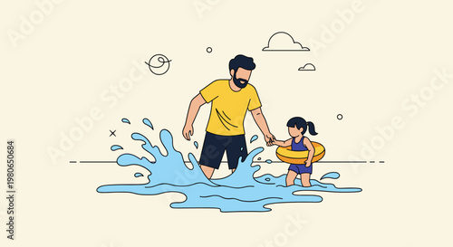Father and young daughter wearing an inflatable ring playing in the ocean waves on a warm and sunny day at the beach.