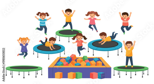 Happy diverse children are jumping on colorful trampolines and playing in a plastic ball pit during a fun activity session.