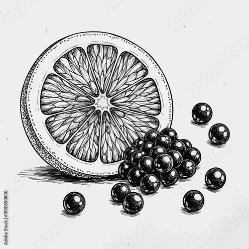 Black and White Illustration of Fresh Lemon Slice and Juicy Berries