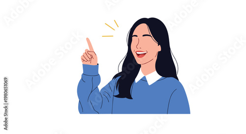 Happy young woman with long dark hair is smiling and pointing upwards as if she has just had a great idea or discovery.