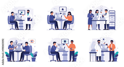 Illustrations of patients undergoing various ophthalmology examinations and eye tests performed by professional doctors in a clinic setting.