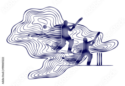 Dynamic illustration of cricketers in action, set against an abstract, swirling background of lines.