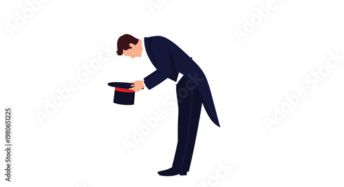 Elegant man dressed in a dark formal tuxedo is performing a respectful bow while holding his top hat in front of him.