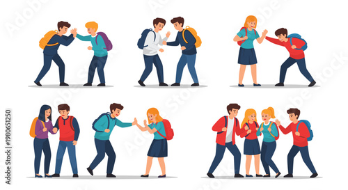 Multiple illustrations depicting various scenes of school bullying among teenagers including physical pushing and verbal harassment.