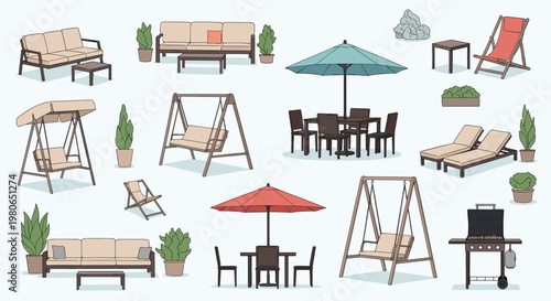 Extensive collection of various outdoor furniture pieces like sofas, swings, chairs, umbrellas, and grills for patio and garden design.