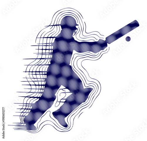 Dynamic silhouette of a cricket player hitting a ball with energetic motion lines.