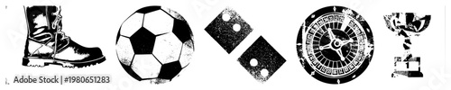 Vector of combat boot, soccer ball, dice, roulette wheel, and first place trophy isolated symbols for gaming, sports, and gambling themes.