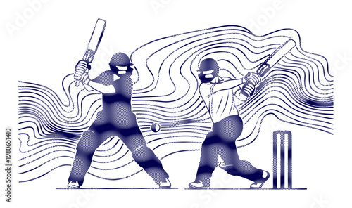 Two athletes intensely playing cricket with dynamic line art background