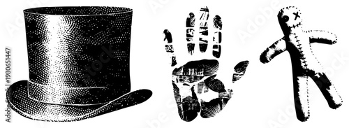 Classic top hat with halftone shading, eerie handprint with fragmented texture, voodoo doll with X eyes, all in vector art, isolated elements for design use.