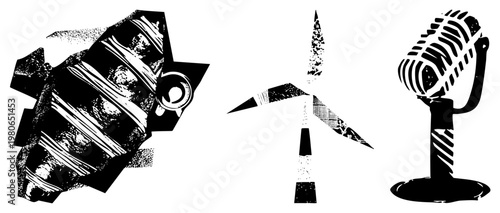 Retro microphone, wind turbine, grenade graphic, black and white halftone style, isolated vector, stencil art, and energy symbols.