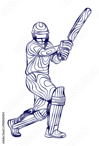 Dynamic illustration of a cricketer in action, poised to strike the ball with focus and determination.