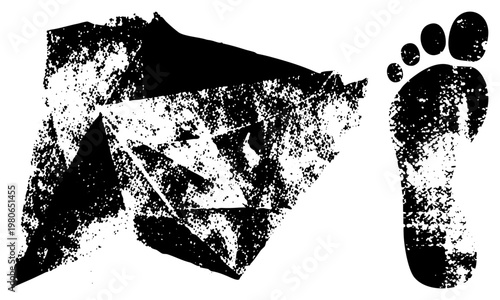 Black and white grunge style footprint and angular abstract shape, high contrast design, vector graphic, isolated elements, halftone texture, urban art motif.