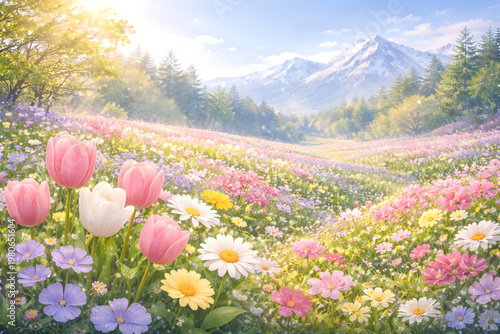 春の花畑と山の絶景風景の華やかな自然背景デザイン