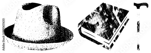 Retro fedora hat, distressed book, classic cane rendered in halftone, vector flat graphic, noir style, isolated, vintage accessories.