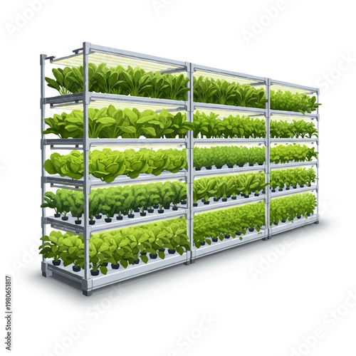 Large Modern Hydroponic System with Rows of Green Vegetables in Vertical Garden Vector Illustration