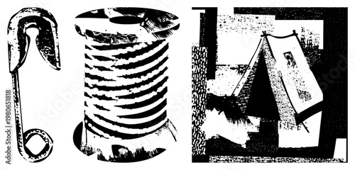 Classic safety pin, coiled thread spool, pitched tent graphic, halftone vector art, isolated design elements, craft and camping.