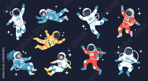 Diverse collection of astronauts in colorful spacesuits floating in a dark starry space environment among twinkling stars.