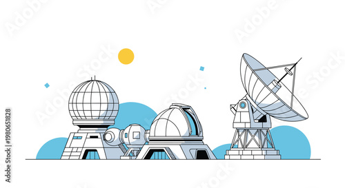 High-tech research facility with large satellite dishes and dome-shaped buildings for space observation and communication.