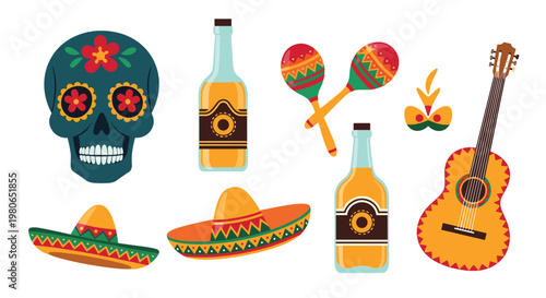 Collection of traditional Mexican items for Day of the Dead including a sugar skull, tequila, maracas, a sombrero, and a guitar.