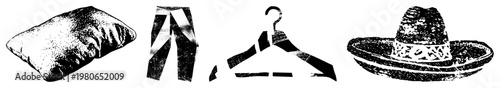Retro styled vector of a textured pillow, striped pants, wooden hanger, and sombrero hat, rendered in halftone dot, ideal for design projects or UI elements.