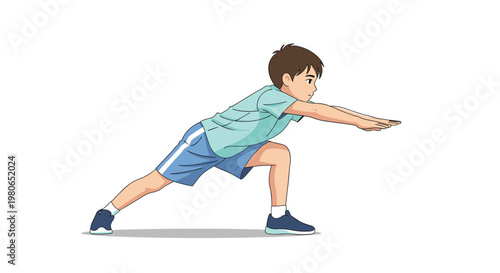 Active young boy wearing sports clothes is performing a lunge or stretching exercise to improve his flexibility and strength.