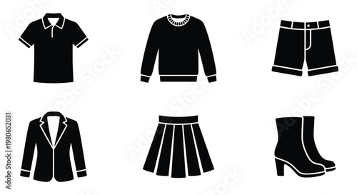 Minimalist clothing icon set, black silhouette apparel vector elements, 6 fashion garment symbols for retail and e-commerce apps