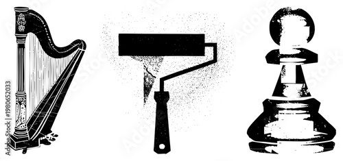 Classic harp with ornate detailing, paint roller with textured spray effect, chess bishop piece with geometric silhouette, all rendered in high contrast halftone vector art.