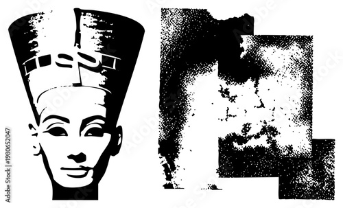 Egyptian queen head with crown, stylized bust, black and white halftone portrait, vintage graphic design, historical figure, pharaoh representation, vector cutout.