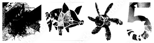 Stylized fragmented shapes, halftone, distressed textures, graphic design motifs, vector art elements, isolated symbols, digital illustration.