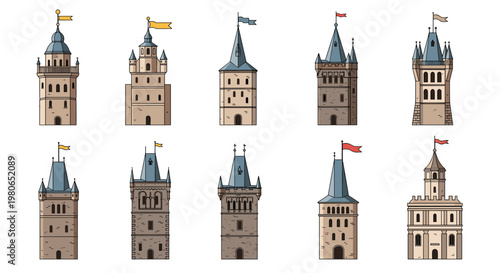 Collection of different medieval and historical stone towers and castle turrets with flags and rooftops against a white background.